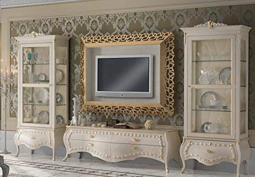 Dafne Italian Design Base p/Tv bianca, decorazione con foglia oro, H. 59 x P. 52 x L. 190,in legno massiccio ebano