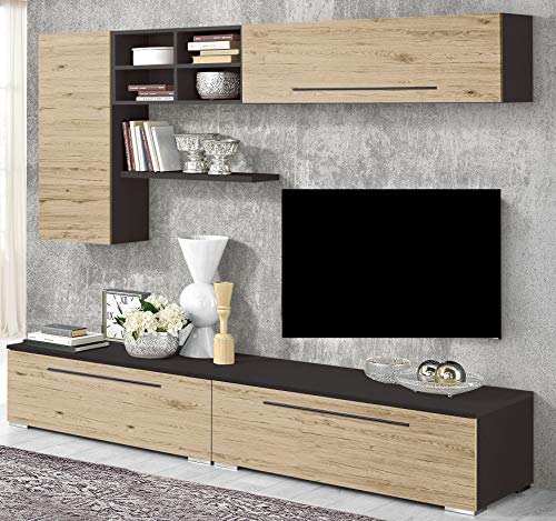 Parete componibile soggiorno - ghisa e quercia -- pensili - mensole porta libri- postazione TV . 240 x 58 x 205h cm