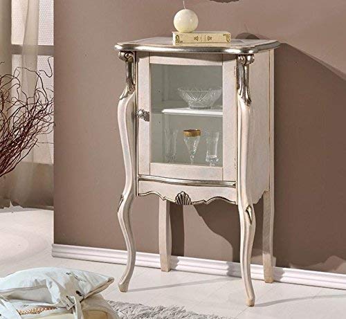 Dafne Italian Design Vetrina bassa 1 anta, gamba alta, colore bianco perla, decorazioni argento -cm: 61 cm - 40 cm - H 100 cm ? 0,28 Mc ? Stile classico - - 100% Made in Italy (SF17)