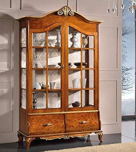 Dafne Italian Design Vetrina 2 ante 2 cassetti, noce scuro, decorazioni oro -cm: 125 cm - 44 cm - H 213 cm ? 1,35 Mc ? Stile classico - - 100% Made in Italy (SF17)