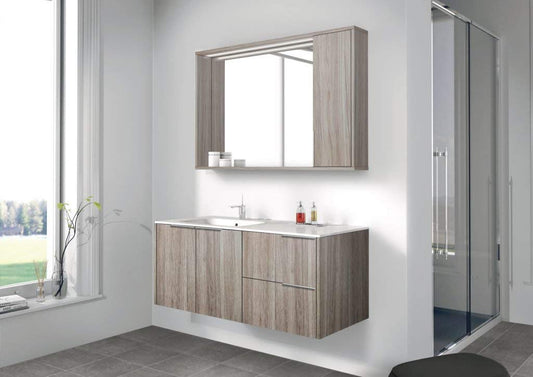 Dafne Italian Design Mobile da bagno acero levigato - rovere scuro c/lavabo e specchio rett., Base con 2 ante e 2 cassetti e top con lavabo integrato