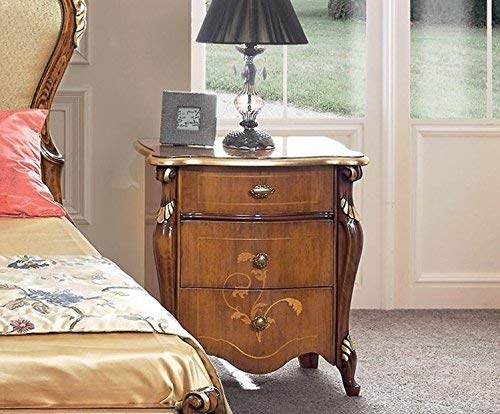 Dafne Italian Design 2 Comodinicassetti, noce scuro, decorazioni oro -cm: 59 cm - 38 cm - H 68 cm - 0,17 Mc - Stile classico - 100% Made in Italy (SF17)