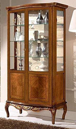 Dafne Italian Design Vetrina 2 ante, noce scuro, decorazioni oro, schienale tappezzato -cm: 110 cm - 40 cm - H 190 cm. stile classico - 100% Made in Italy (SF17)