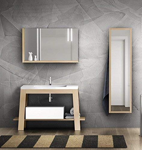 Dafne Italian Design Mobile da bagno composizione completa frassino naturale L.105/125, piano con vasca integrata, cassetto, specchio con mensole, lampada led, specchio a sbalzo con porta accappatoi