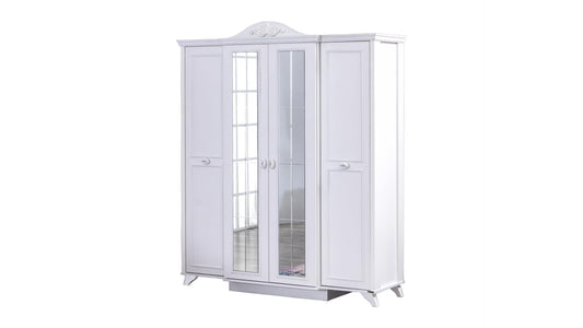 Dafne Italian Design Armadio quattro ante stile romantico con specchi modello Reyna colore bianco misura 173x209x61 cm.