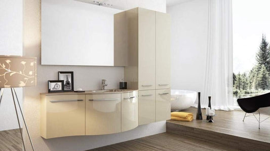 Dafne Italian Design Mobile moderno per bagno, colore beige lucido, top con lavabo integrato L.128 (vasca 55x31x14), specchio - pensile sospeso con ante - Made in Italy 100%