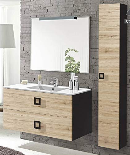Dafne Italian Design Mobile da bagno sospeso cm. 53x47x101 con lavabo integrato - finitura beige e marrone + colonna sospesa 25x22x160 + specchio cm. 70x99 cm.