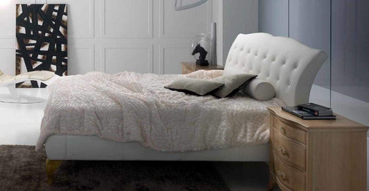 Dafne Italian Design Letto matrimoniale in legno, imbottitura di gomma piuma, rivestimento in pelle bovina, bianco, H.120 X P.225 X L.175 - rete 160 x 190
