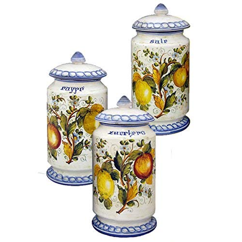 Dafne Italian Design Tris di vasi porta spezie Sale, Zucchero e Caff� dipinti a mano in ceramica artistica di Castelli Italia - H cm 25 x � cm 12 - Serie Mediterranea
