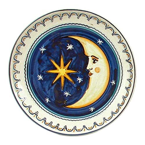 Piatto Ornamentale in Ceramica Artistica Italiana con Luna e Stelle. Dimensioni: ø 19.812 cm.