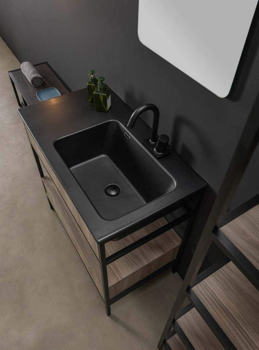 Dafne Italian Design Mobile da bagno moderno stile minimal alluminio nero e legno chiaro(cm. L87xP50xH87) con colonna con ripiani, pensile con ripiani e spcchio