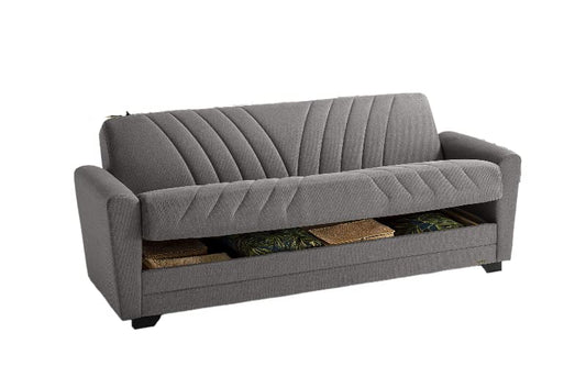 Divano 3 posti in tessuto lavabile grigio - 220 x 88 x 83h cm., vano contenitore, trasformabile in letto una piazza e mezza