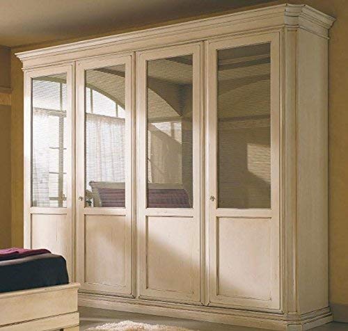 Dafne Italian Design Armadio 4 ante color avorio, cassettiera e specchio interni, vintage, 252X68X296, 195 Kg, telaio in abete e noce tanganica