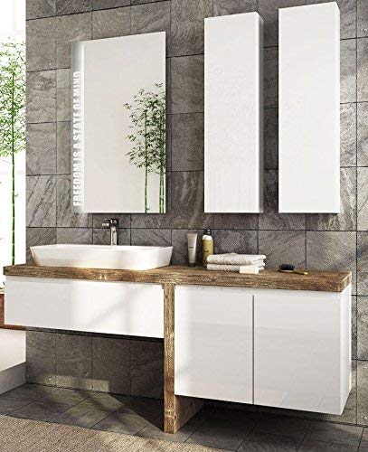 Dafne Italian Design Mobile da Bagno sospeso Misura 155x50x67 cm. Color Bianco Lucido e Legno- lavabo- Ante-cassetti - Specchio con Luce a LED- 100% Made in Italy