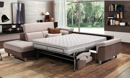 Dafne Italian Design Divano letto modello angolare 3 posti in tessuto color beige e marrone - misure cm. L 304x243 l 109 H 85 - Made in Italy