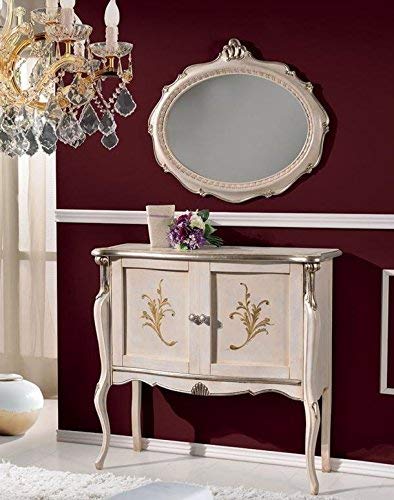 Vetrina bassa 2 ante, gamba alta, colore bianco perla, decorazioni oro e argento, pannelli chiusi -cm: 108 cm - 40 cm - H 100 cm - 100% Made in Italy (SF17)