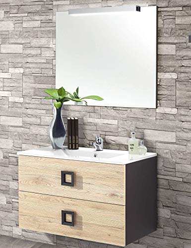 Mobile da bagno con lavabo sospeso - Componibile bagno sospeso 2 cassetti con maniglie in metallo, lavabo in ceramica e specchio con luce a Led. cm. 81 x 47 x 190h. Mobile di altissima qualit�. (STMB)