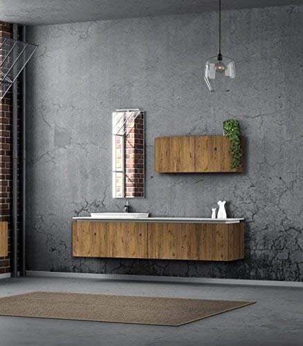 Dafne Italian Design Mobile da bagno stile moderno in legno invecchiato - base: portalavabo, 2 cassettoni, lavabo semincasso, specchio, lampada led, pensile con 2 ante L.90 H.45 P.20,7.