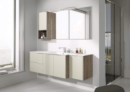 Dafne Italian Design Mobile da bagno bianco opaco c/lavabo e specchio rett. - Base con 3 ante, 2 cassetti, lavabo integrato