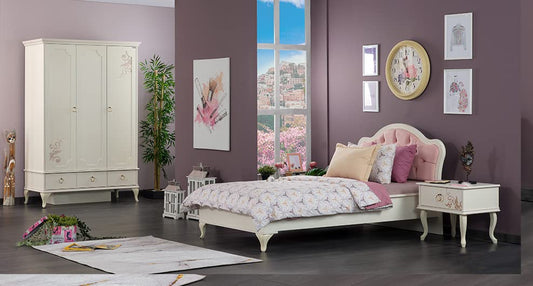 Dafne Italian Design TUTTOCAMERETTE.IT - Cameretta completa per ragazza stile shabby chic provenzale color crema e rosa antico, comprende: letto singolo con materasso, armadio, comodino- RTK
