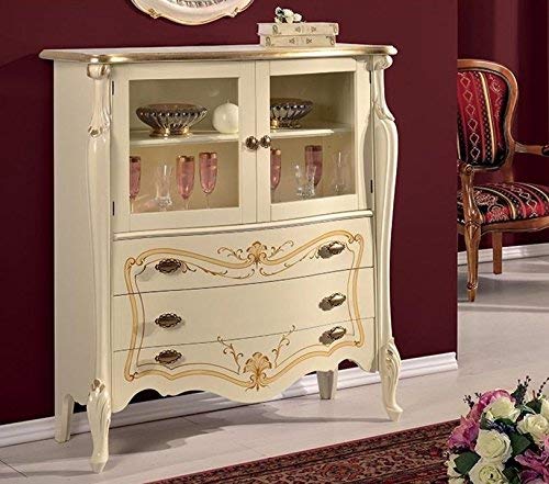 Dafne Italian Design Vetrina 2 ante e 3 cassetti, colore avorio, decorazioni oro -cm: 107 cm - 40 cm - H 120 cm ? 0,60 Mc ? Stile classico - 100% Made in Italy (SF17)