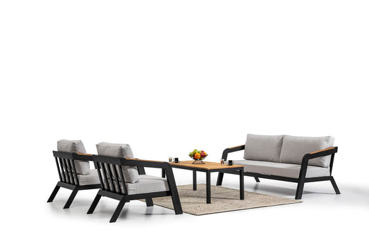 Dafne Italian Design Salotto da giardino per uso professionale, in alluminio antracite, cuscini grigio chiaro compresi. n.1 divano 3 posti, n.2 poltrone, n.1 tavolino.
