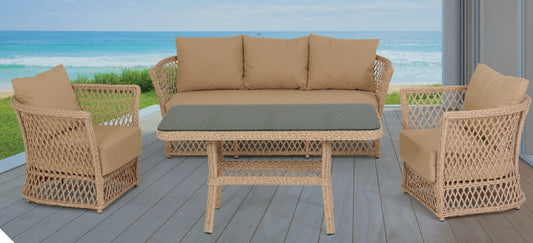Dafne Italian Design Set mobili pranzo da giardino in rattan con 1 divano 3 posti, n.1 tavolo, n.2 poltrone