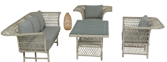 Dafne Italian Design Set mobili pranzo da giardino in rattan con 1 divano 3 posti, n.1 tavolo, n.2 poltrone