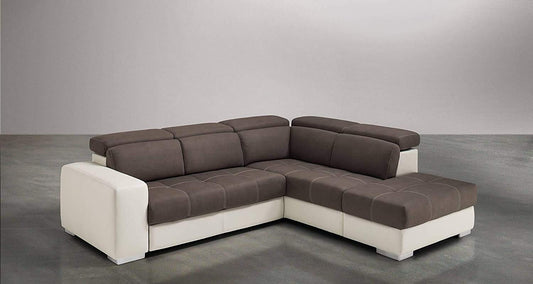 Dafne Italian Design Divano Letto angolare 3 posti con penisola a Destra. Similpelle Milk, Similpelle Effetto Nabuk Elephant (cm. 266 x 230 x 94h)
