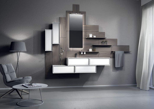 Dafne Italian Design Mobile da bagno composizione completa moderna bianco e noce - base portalavabo, 2 cassetti, specchio, lampada led, pensile 1 anta, pannello a parete c/mensole