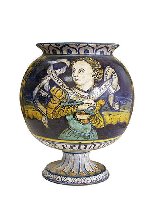 Vaso globoso con piede dipinto a mano in ceramica artistica. Fatto in Italia.