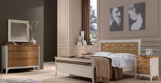 Dafne Italian Design Letto matrimoniale col. avorio, pannello traforato legno chiaro, vintage 122X210X170 - per rete 160X190, 37 Kg,Testiera e pediera legno massiccio di noce toulipier