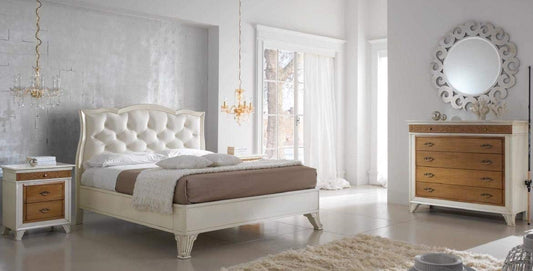 Letto matrimoniale vintage legno massiccio noce c/testiera imbottita in pelle,color avorio, pannello imbottito in pelle bianca, H.136XP.220XL.190 - per rete 180X200, Usare rete H cm 40
