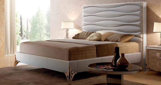 Dafne Italian Design Letto matrimoniale c/giroletto in pelle tortora effetto onda, 152X215X188 - per rete 160x190, 90 Kg, in legno di abete e multistrato di pioppo, piedi in acciaio inox