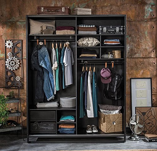 Armadio 2 ante scorrevoli, noce nero - 210X58X162 cm - mensole, barra appendi abiti e cassettiere