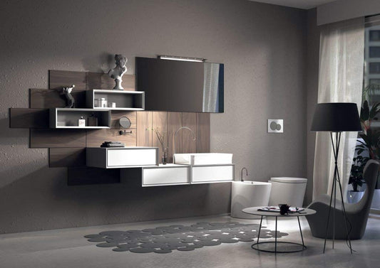 Mobile da bagno composizione completa moderna noce laccato bianco - base portalavabo 2 cassetti, pensile a giorno, lavabo sovra piano, specchio, lampada a led, pannelli a parete in noce