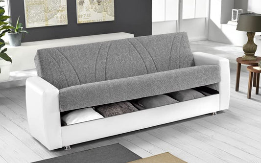 Dafne Italian Design Divano 3 posti bianco e grigio in similpelle e tessuto - 220 x 88 x 83h cm., vano contenitore, trasformabile in letto una piazza e mezza