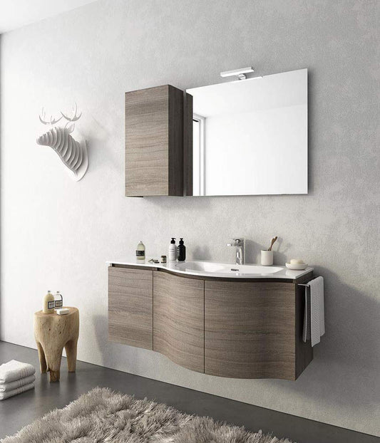 Dafne Italian Design Mobile da bagno sospeso con top e lavabo integrato in Ocritech effetto legno (cm L121 H200 P50)