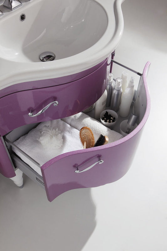 Mobile da bagno stile classico romantico con cassetti: L.86 P.54 cm - fucsia perlato lucido - Consolle in ceramica integrale cm 90 - specchio ovale con cornice - mensola con ripiani sospesa