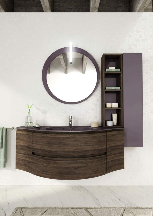 Mobile da bagno color Rovere - Misura: L.135 P.51/21 cm - Finitura: Rovere Tabacco, Laccato Lavanda Lucido - Top: Cristallo con vasca integrata colore Lavanda - 100% made in Italy