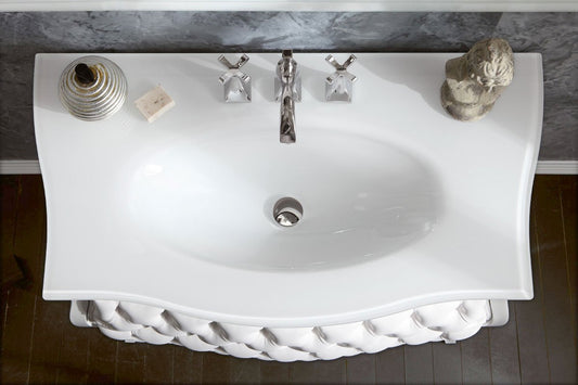 Dafne Italian Design Mobile da bagno classico - Misura: L.106 H.82 P.57 - Finitura: Bianco lucido e capitonnè Bianco - Top: cristallo integrato bianco - 100% made in Italy