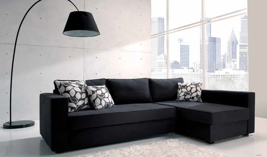 Dafne Italian Design Divano letto angolare in tessuto nero e chaise longue contenitore a destra
