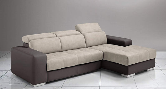 Dafne Italian Design Divano Letto angolare 3 posti con penisola a Destra. Similpelle Marrone, Similpelle Effetto Nabuk Beige (cm. 259 x 178 x 94h)