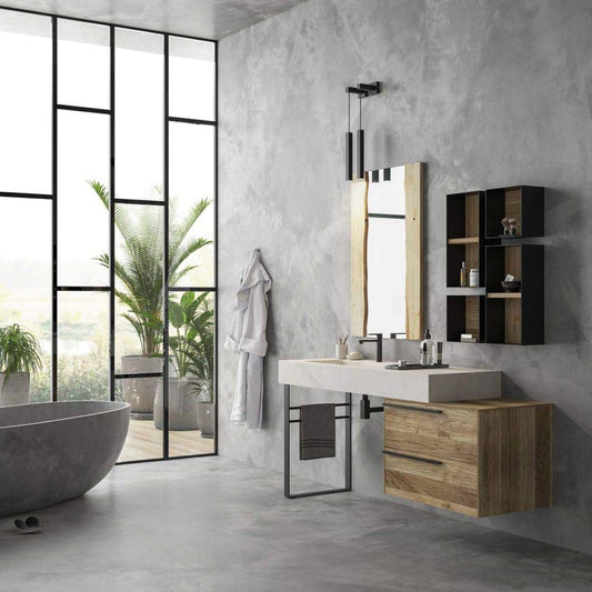 Dafne Italian Design Mobile Bagno Moderno con lavabo a Terra – Castagno Naturale Levigato Gres porcellanato con Vasca Integrata Ardesia Bianca