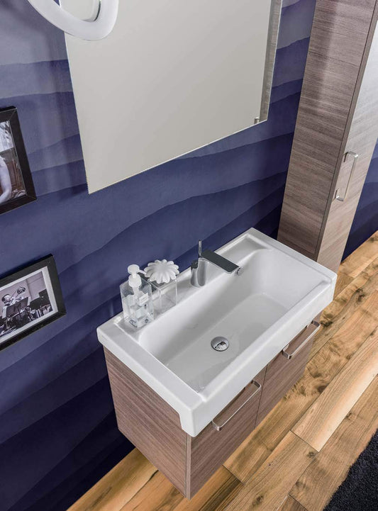 Dafne Italian Design Mobile da bagno ad uso lavanderia finitura Rovere Lux l cm. L75 x P40 x H62 con lavabo in ceramica, specchio rettangolare con luce led, colonna sospesa