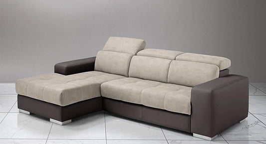 Dafne Italian Design Divano Letto angolare 3 posti con penisola a Sinistra. Similpelle Marrone, Similpelle Effetto Nabuk Beige (cm. 259 x 178 x 94h)