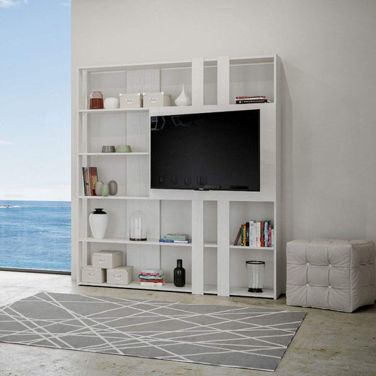 Libreria Composizione L Kato 6R 2 fianchi 2 fasce lunghe 2 fasce corte 2 fasce medie pannello TV Bianco Frassino