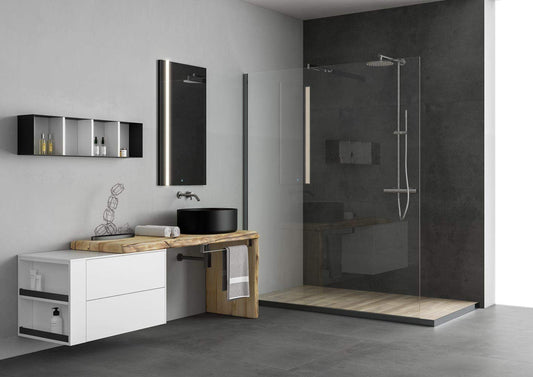 Dafne Italian Design Mobile Bagno Moderno con lavabo sospeso – Castagno Naturale Levigato – Laccato Bianco Opaco Appoggio in Ceramica Nero Opaco