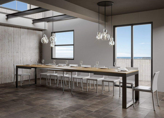 Itamoby, Tavolo allungabile Tecno Evolution 120->380 cm, Pannelli di Nobilitato, Quercia Natura & Antracite L.120 P.90 H.77 (allungabile Fino a L.380 con 5 allunghe)