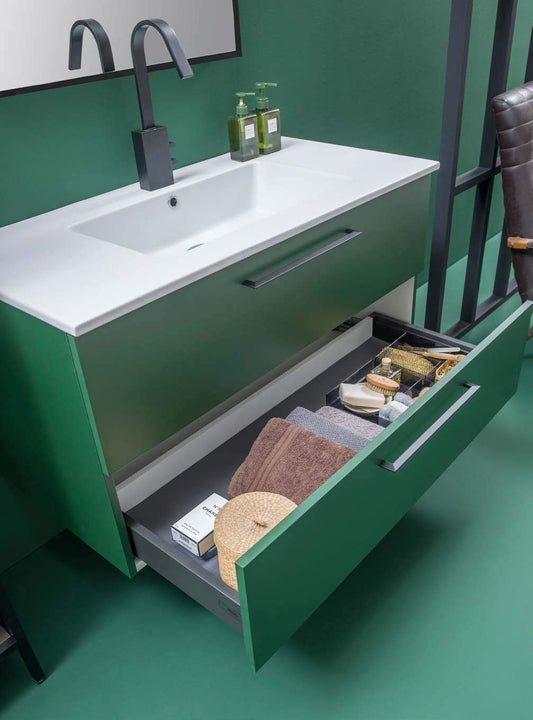 Dafne Italian Design Mobile da bagno - lavanderia multifunzionale colore verde menta cm. L106 x P51 x H57 con specchio rettangolare con bordo alluminio